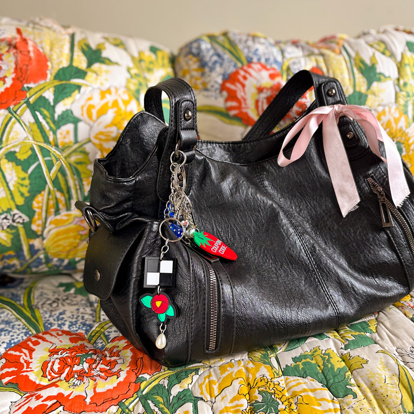 Checkered & Cottage Rose Bag Charm