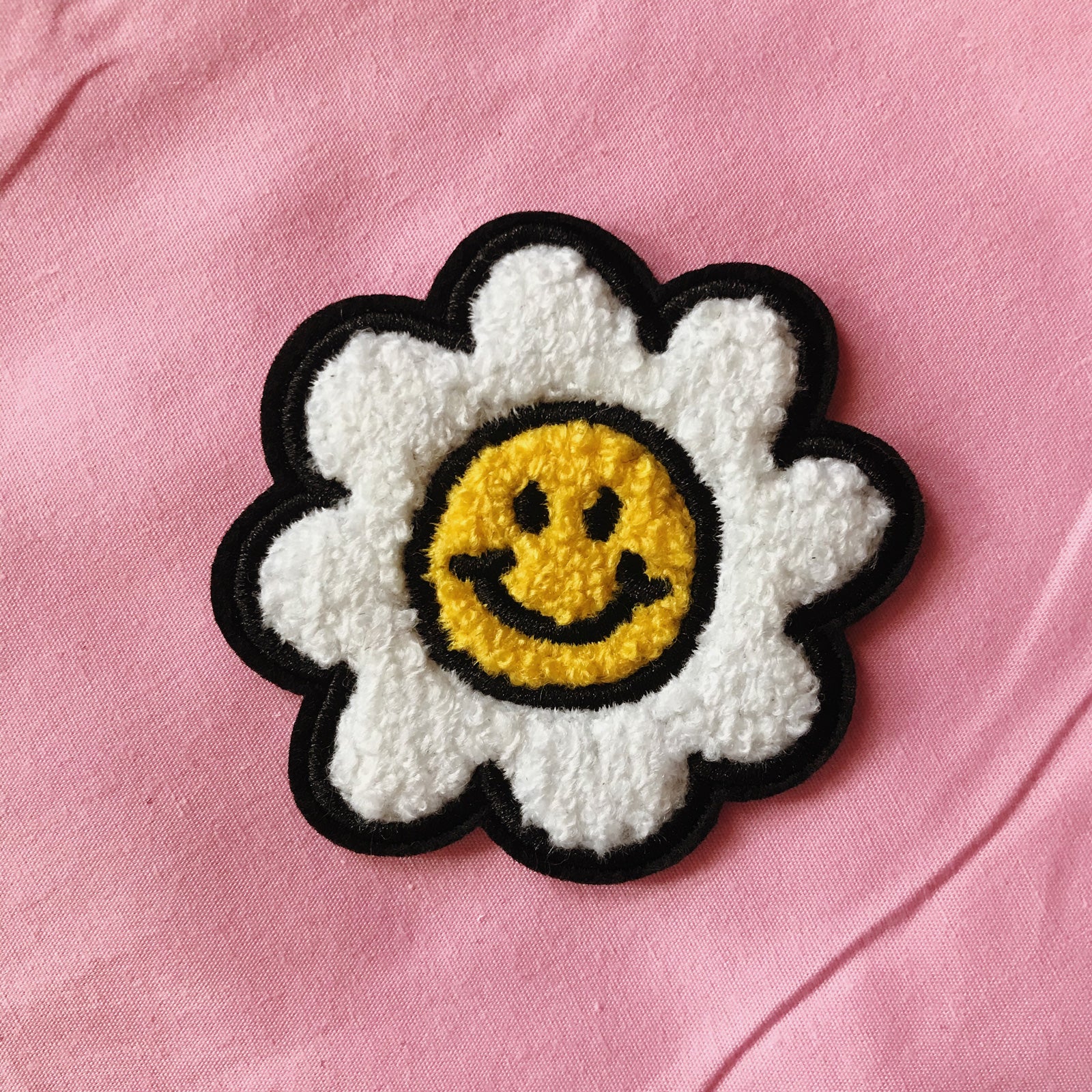Smiley Face Daisy Flower Chenille Iron On Patch