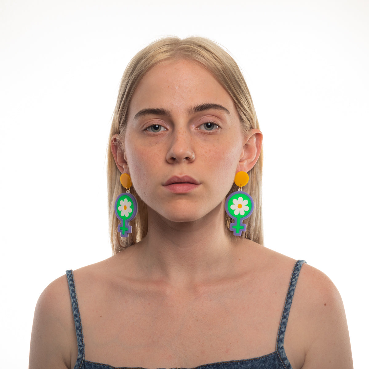 Mindflowers Flower Power Hanging Stud Earrings on Model