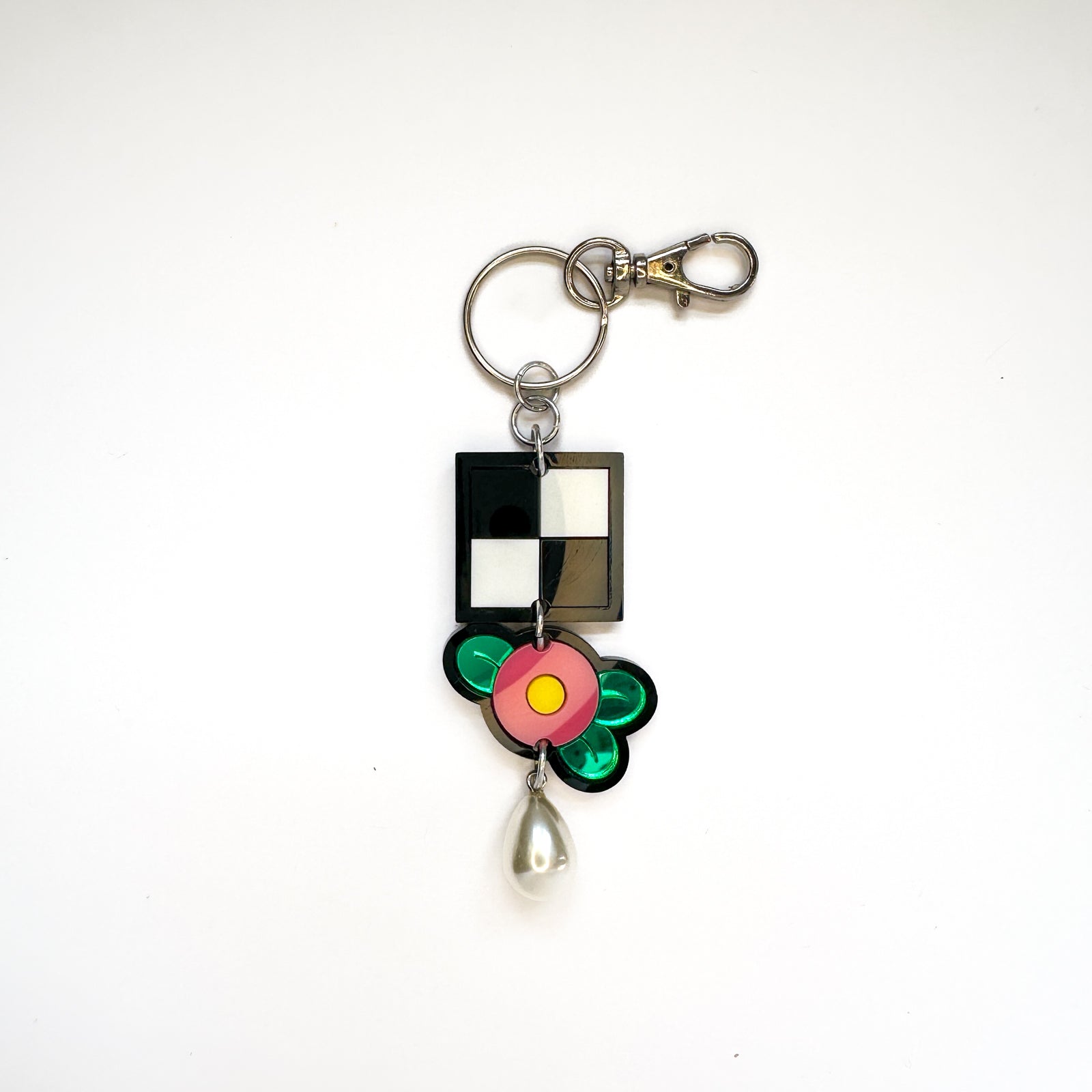 Checkered & Fef Flower Bag Charm