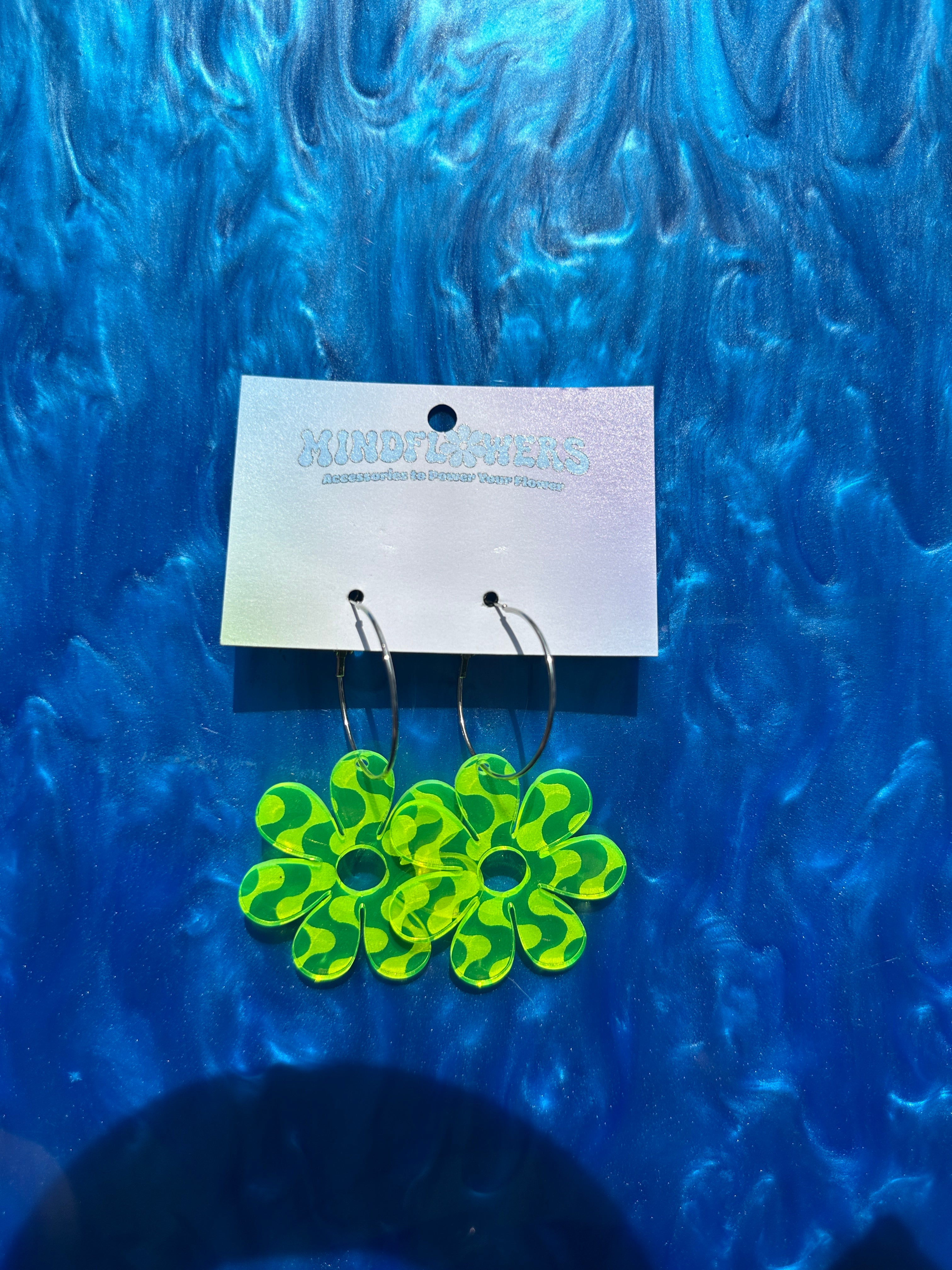 Engraved Fluorescent Green Daisy Hoop Earrings Sample Sale