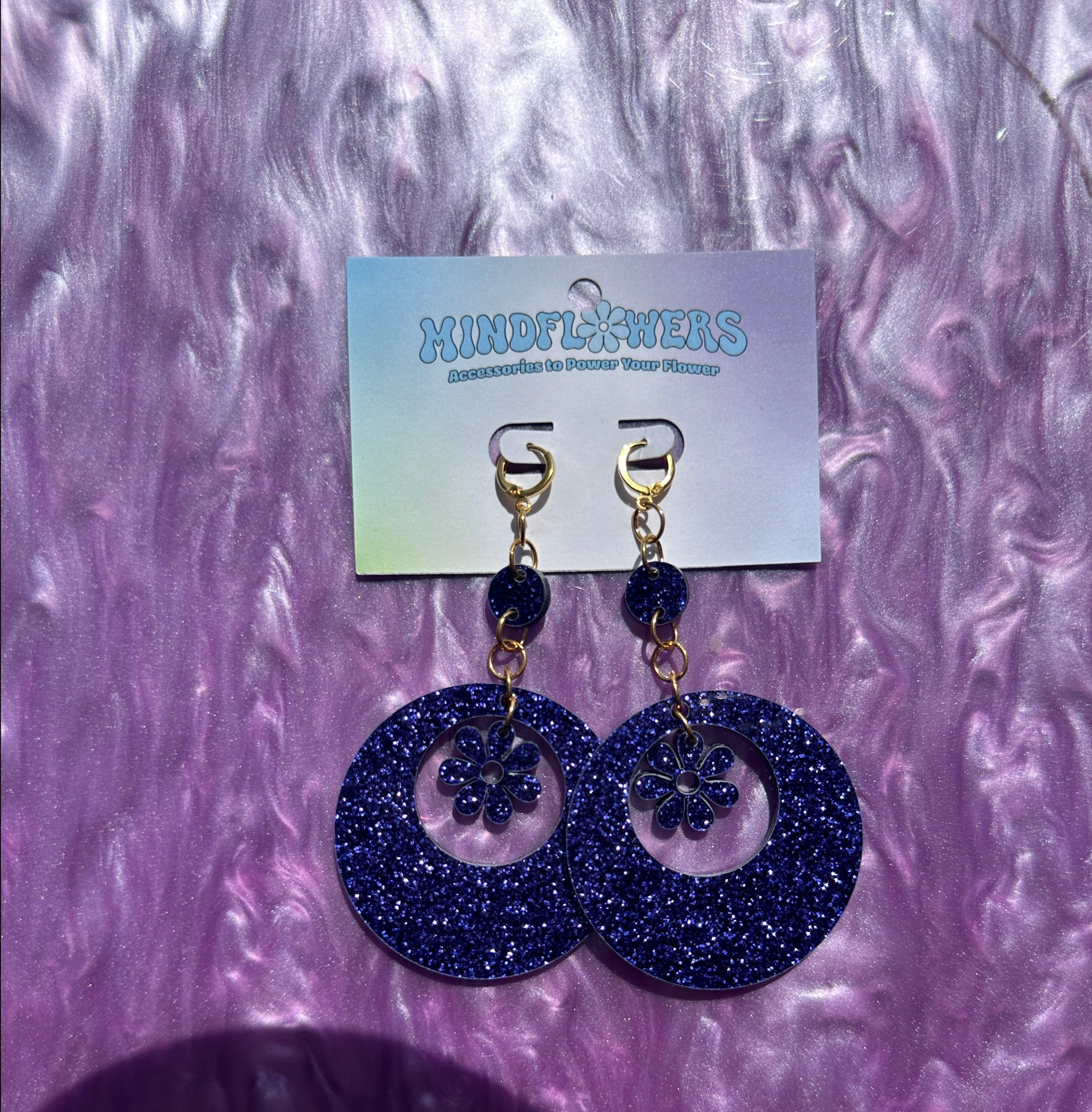 Purple Glitter Daisy Mod Dangle Earrings Sample Sale