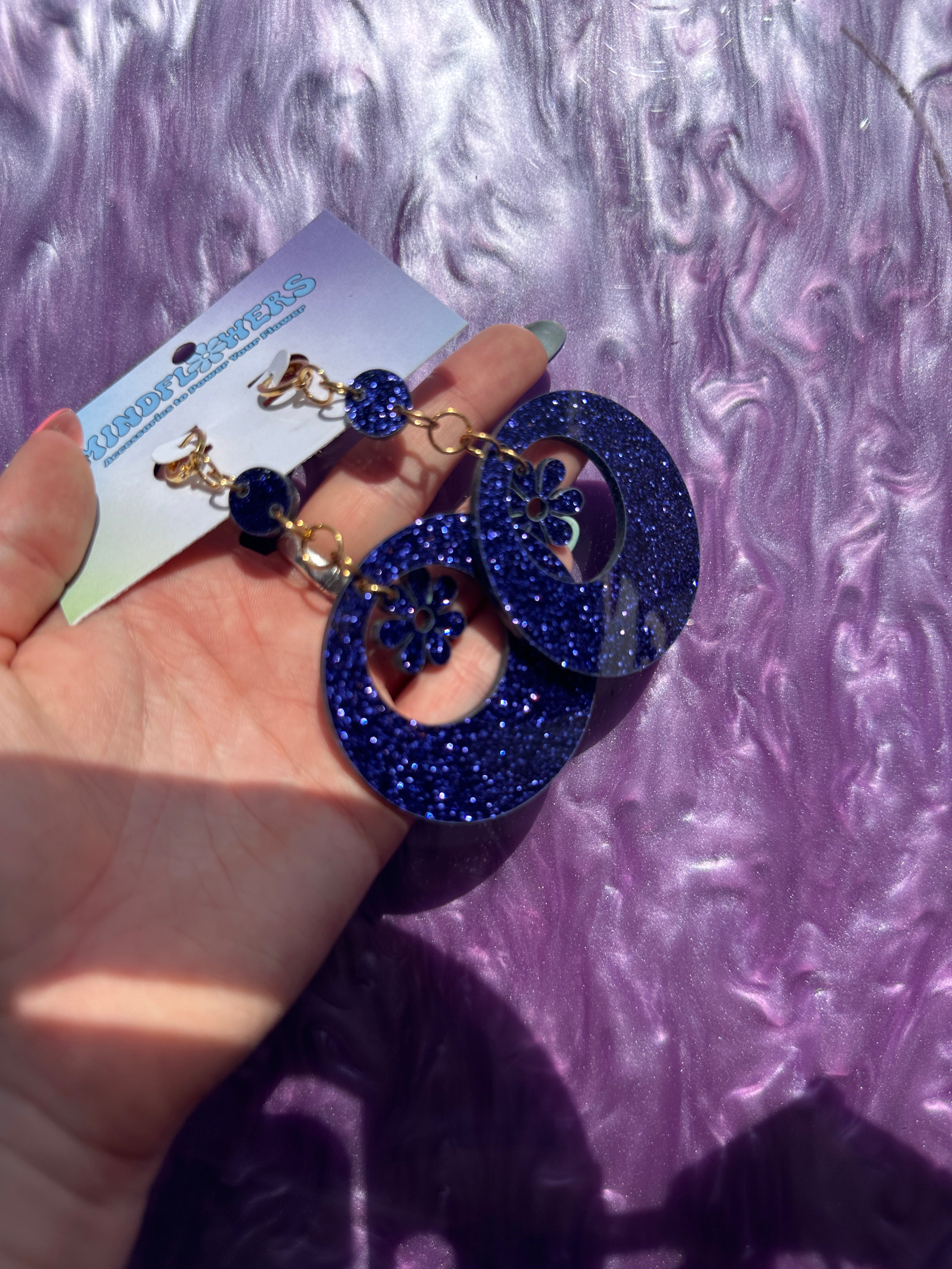 Purple Glitter Daisy Mod Dangle Earrings Sample Sale
