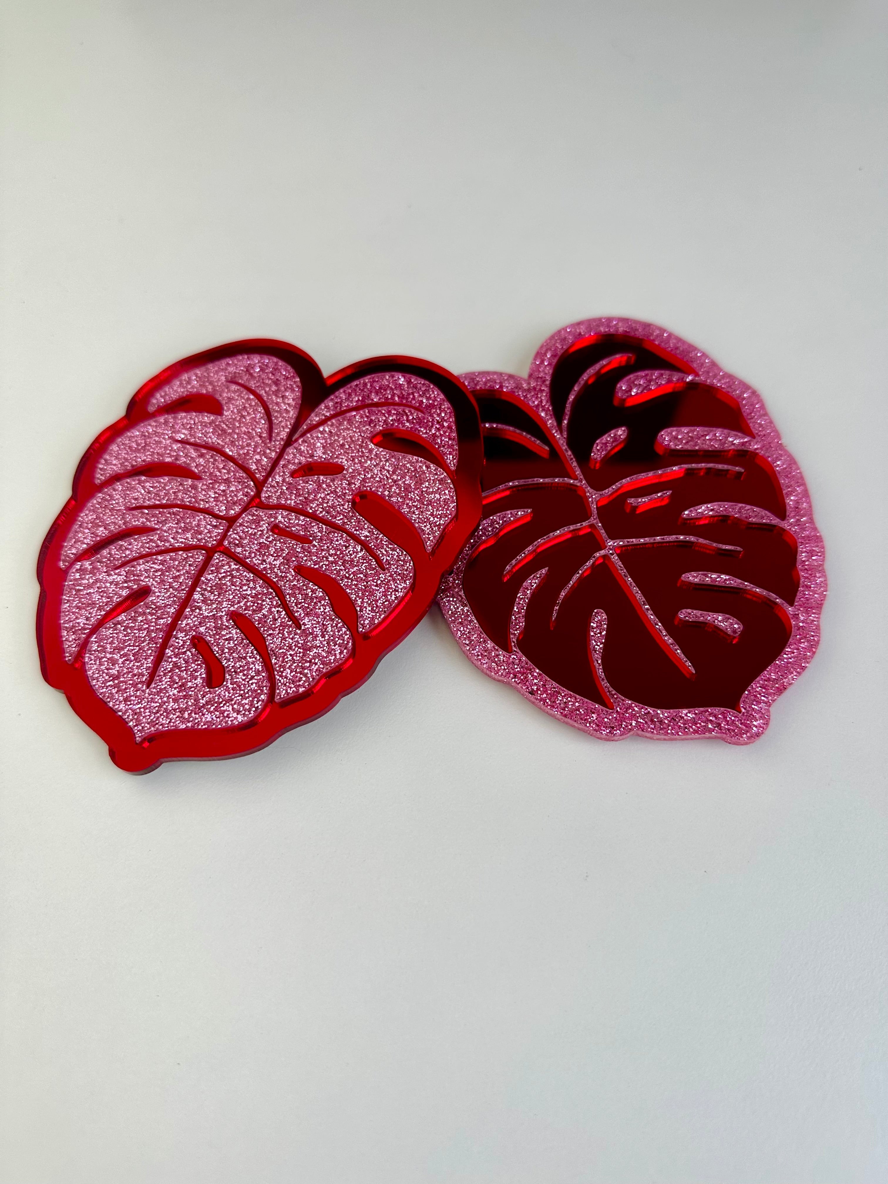 Pink Glitter & Red Mirror Monstera Coaster 2 Pack Sample