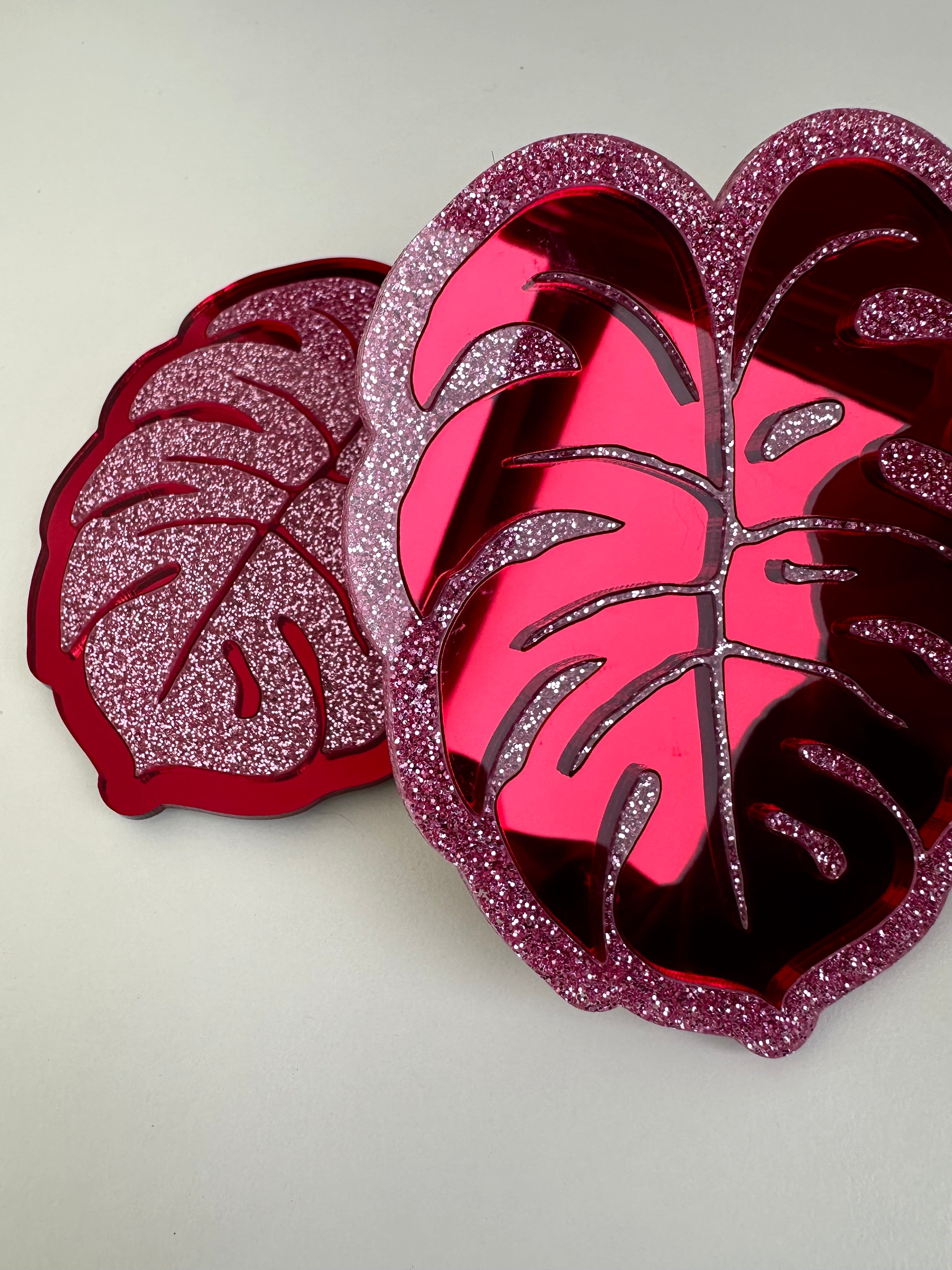 Pink Glitter & Red Mirror Monstera Coaster 2 Pack Sample