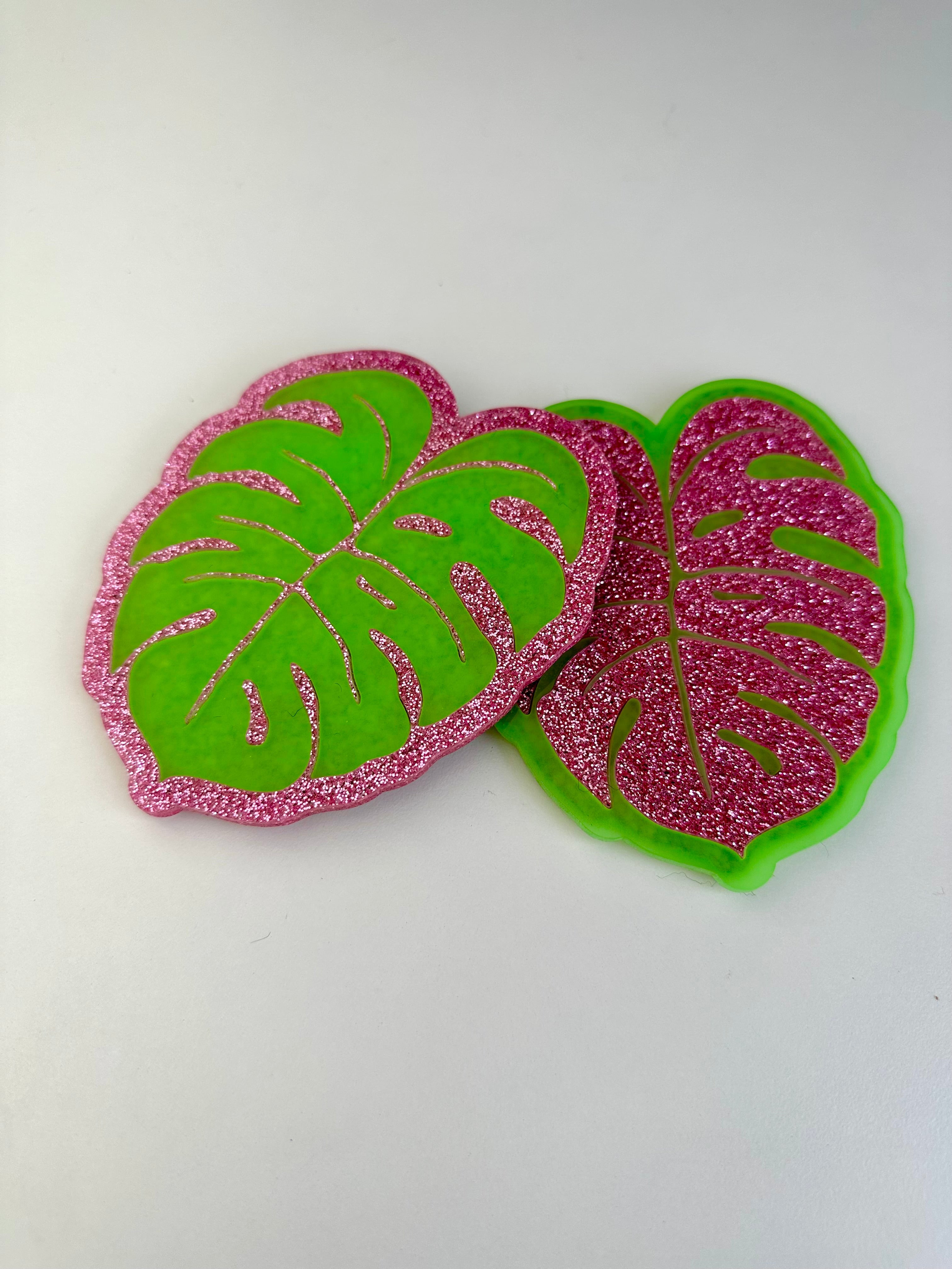 Pink Glitter & Green Glow Monstera Coaster 2 Pack Sample