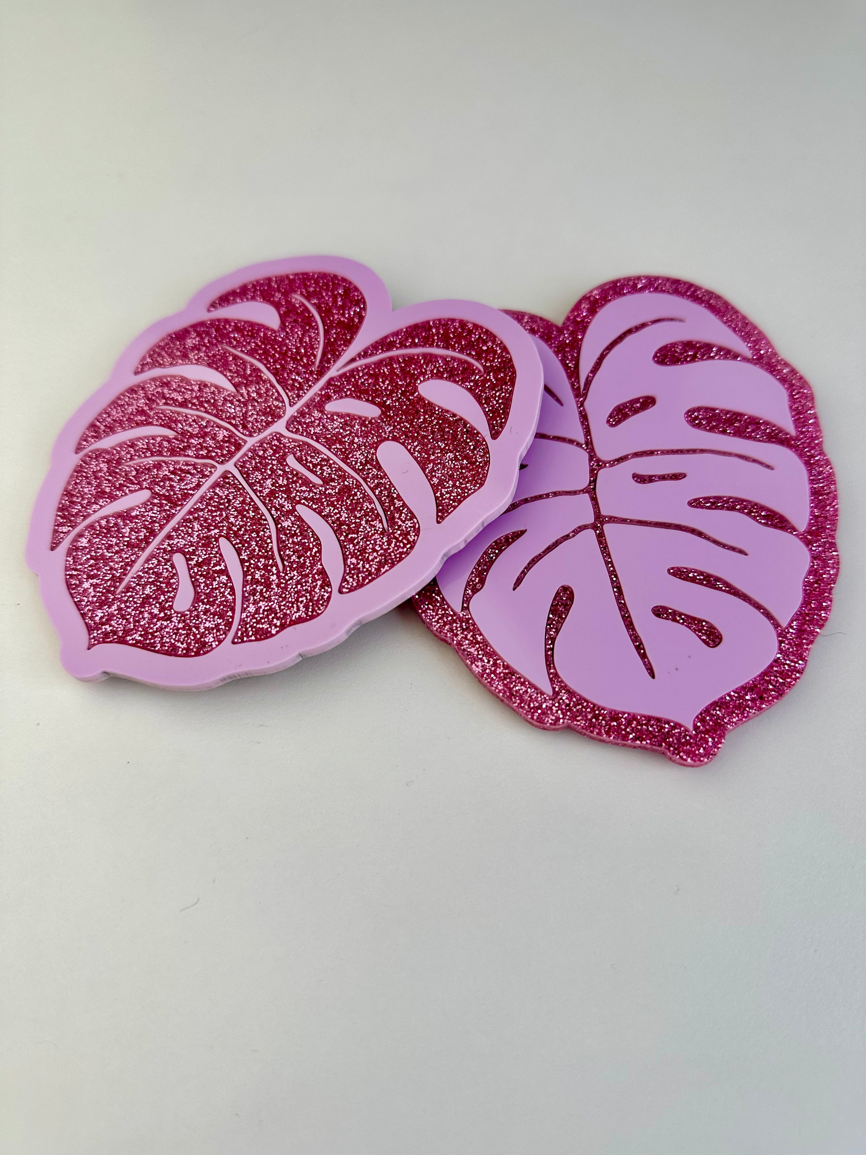 Pink Glitter & Pastel Pink Monstera Coaster 2 Pack Sample