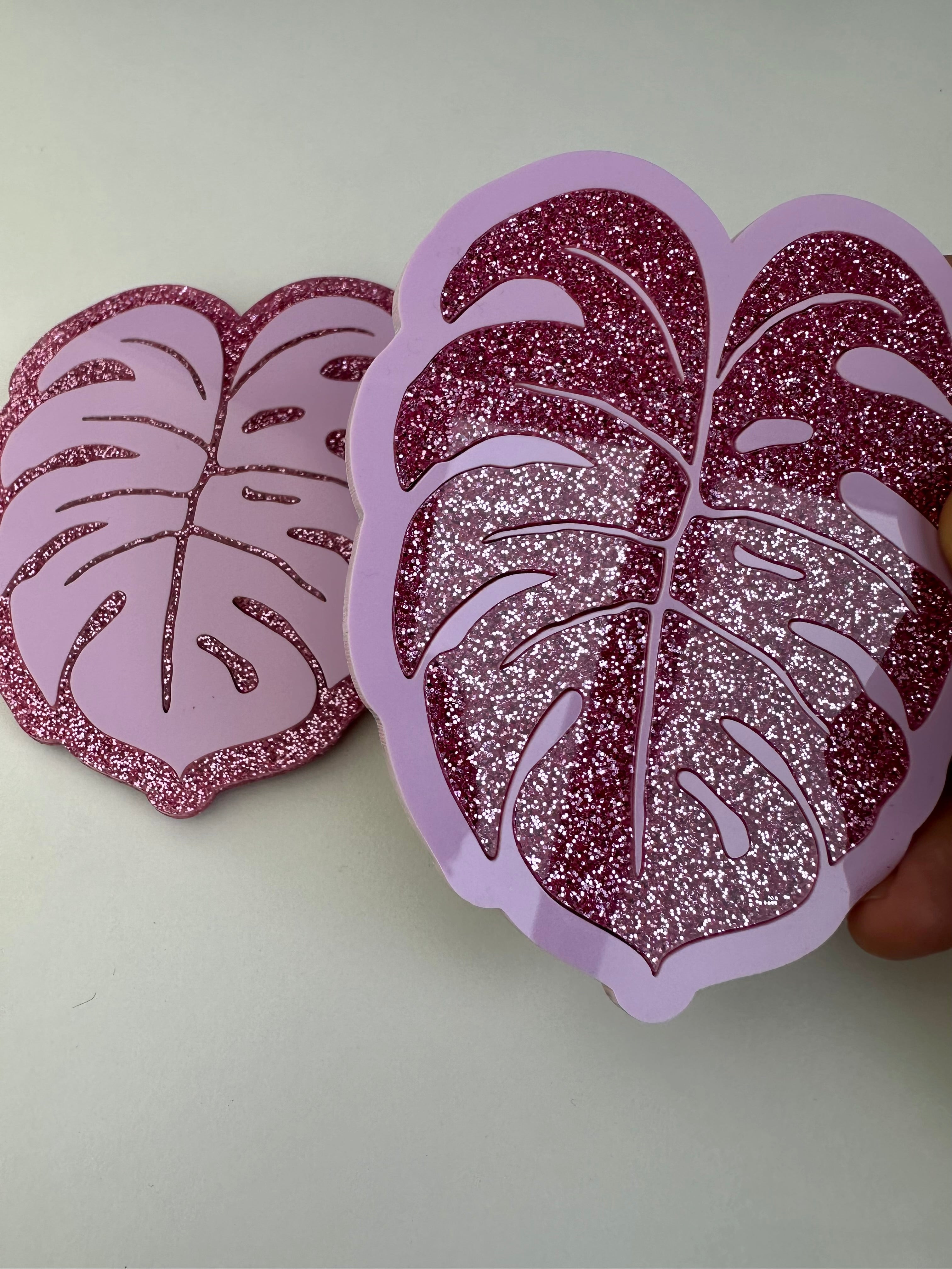 Pink Glitter & Pastel Pink Monstera Coaster 2 Pack Sample