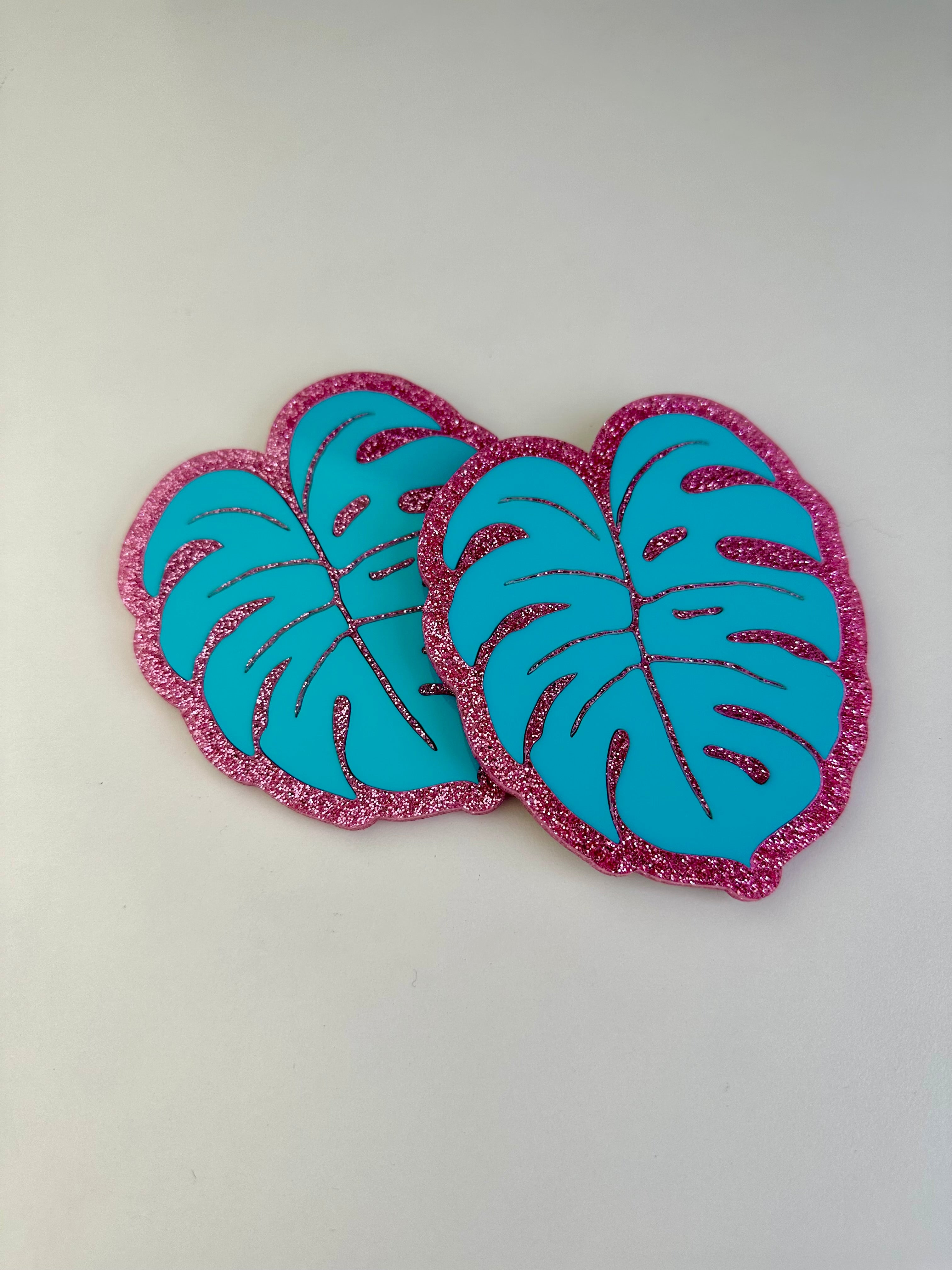 Pink Glitter & Teal Monstera Coaster 2 Pack Sample