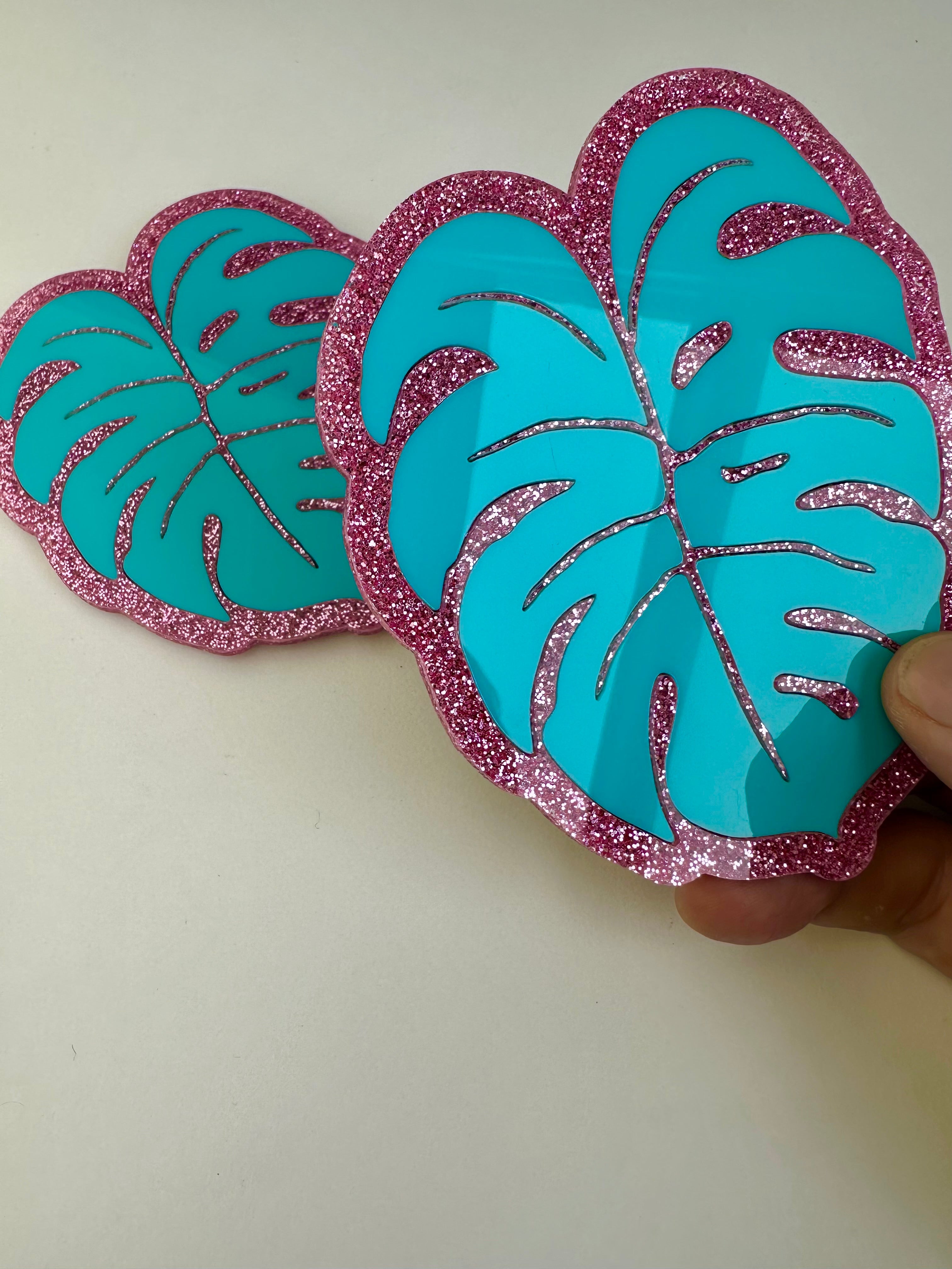 Pink Glitter & Teal Monstera Coaster 2 Pack Sample