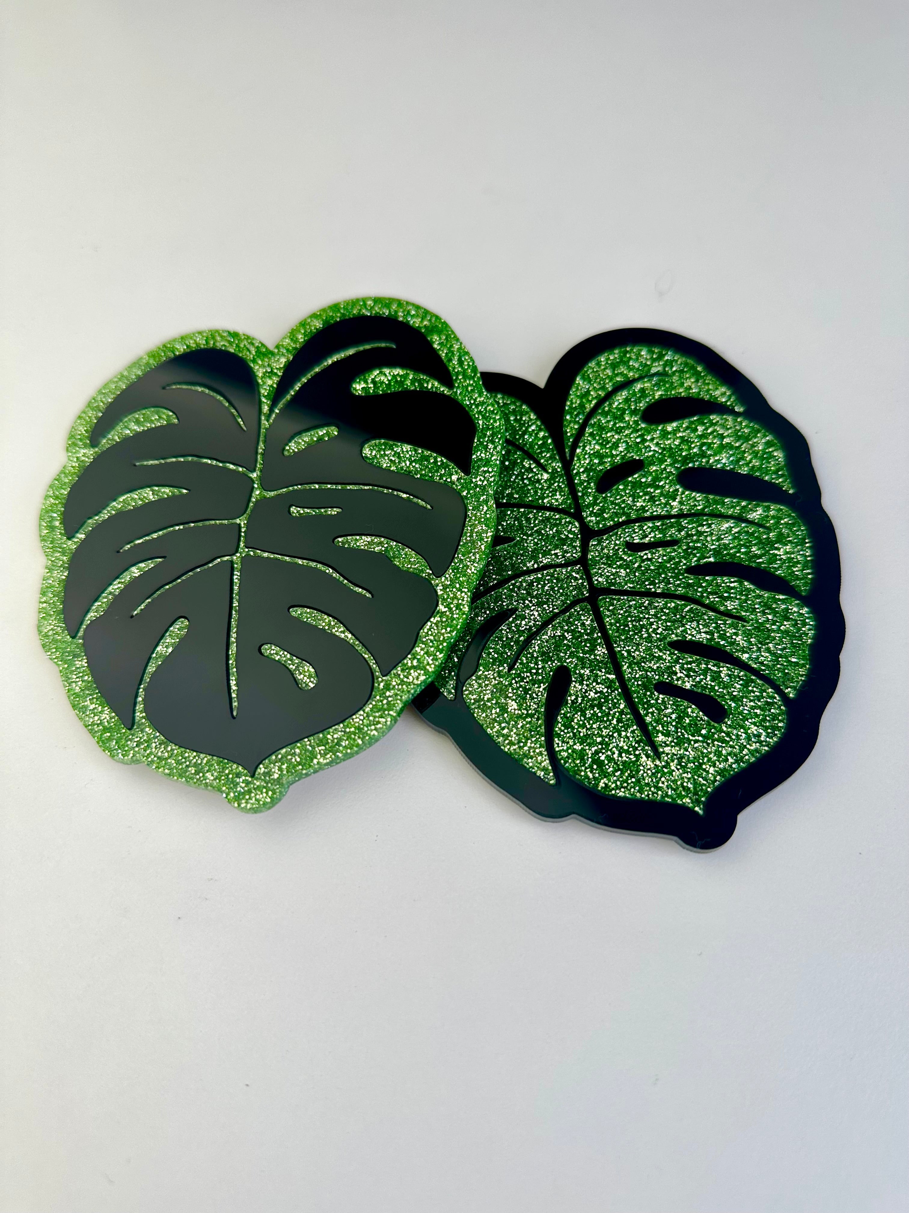 Moss Glitter & Dark Green Monstera Coaster 2 Pack Sample