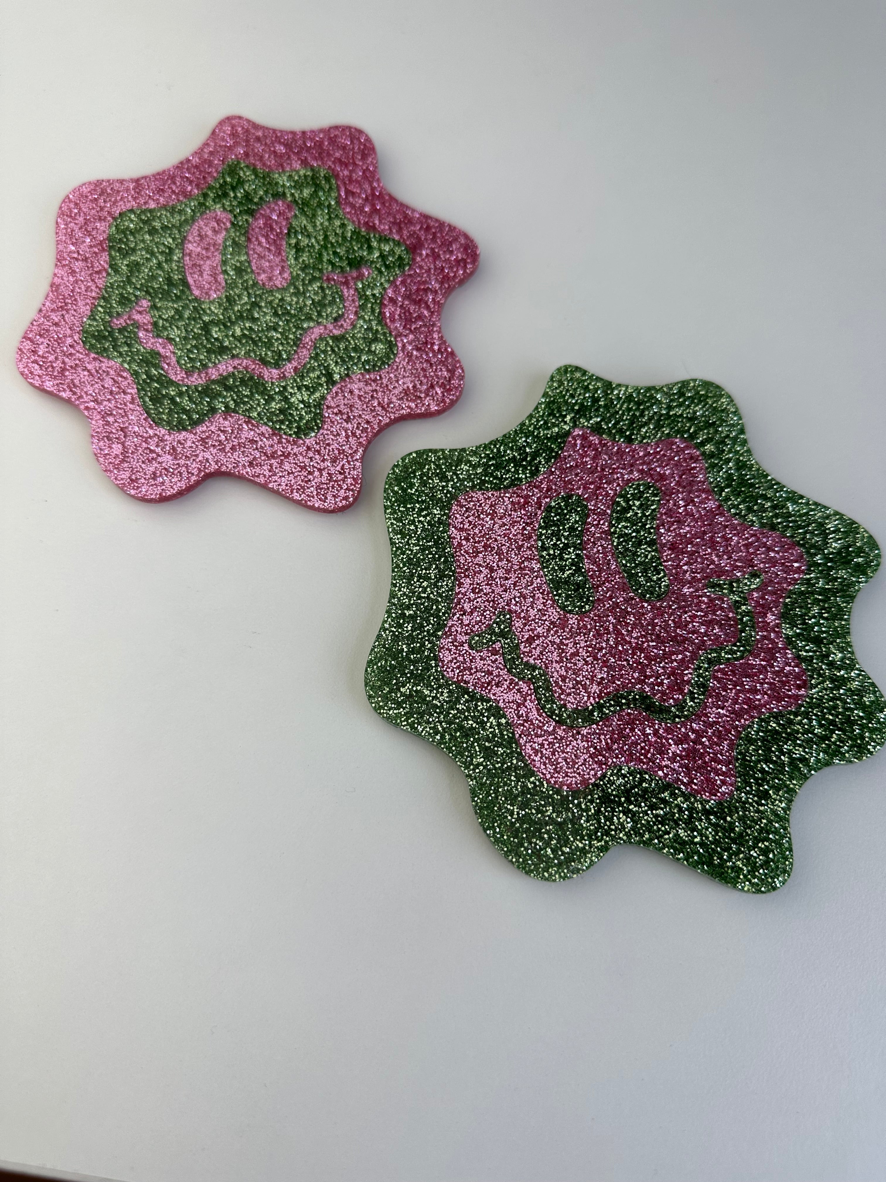 Pink & Moss Glitter Wavy Smiley Coaster 2 Pack Sample