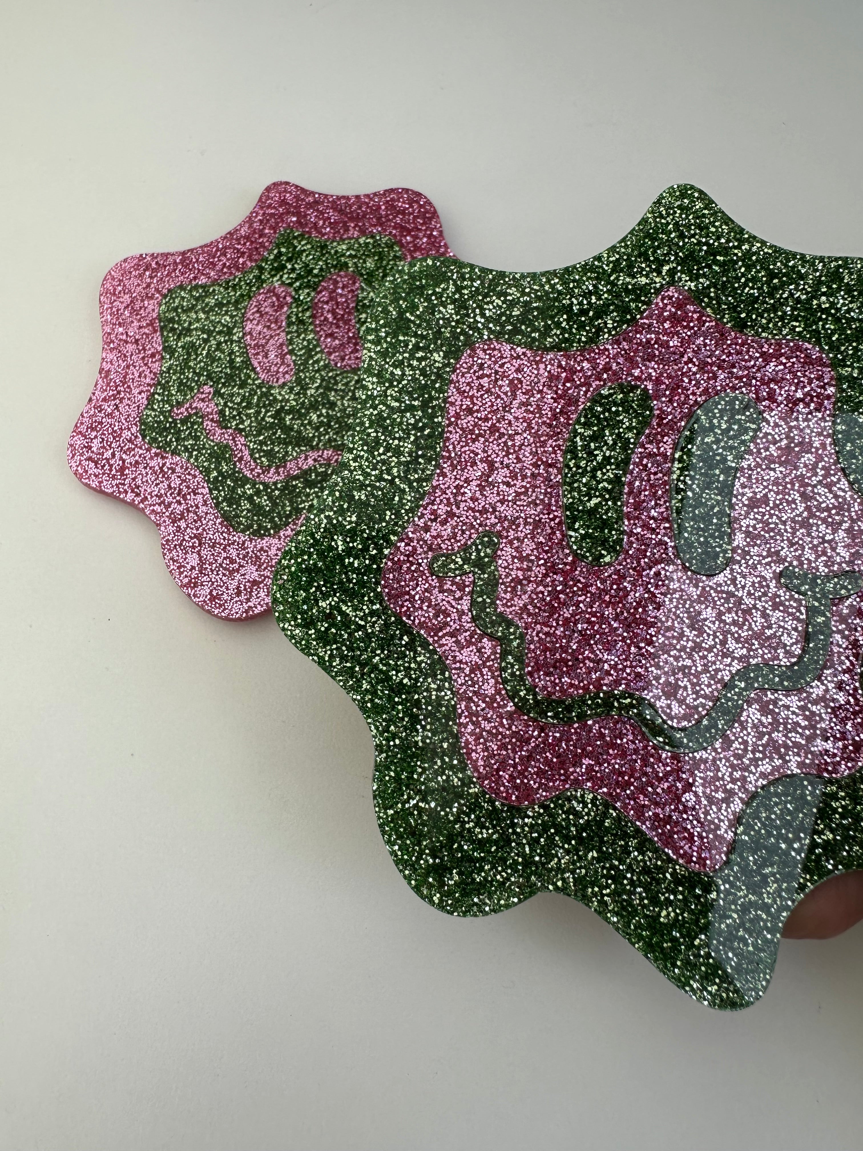 Pink & Moss Glitter Wavy Smiley Coaster 2 Pack Sample