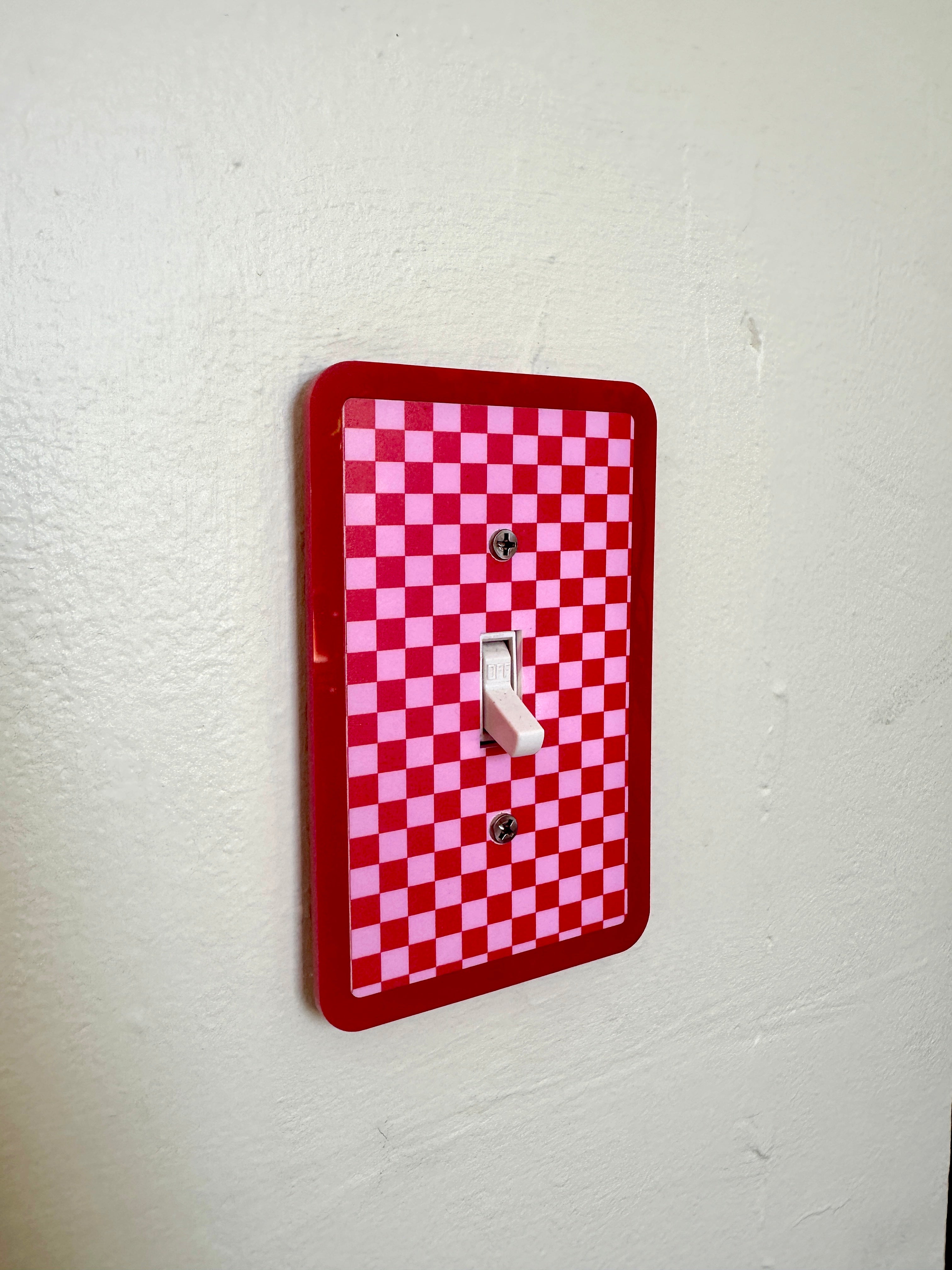 Red & Pink Checkered Print Light Switch Cover