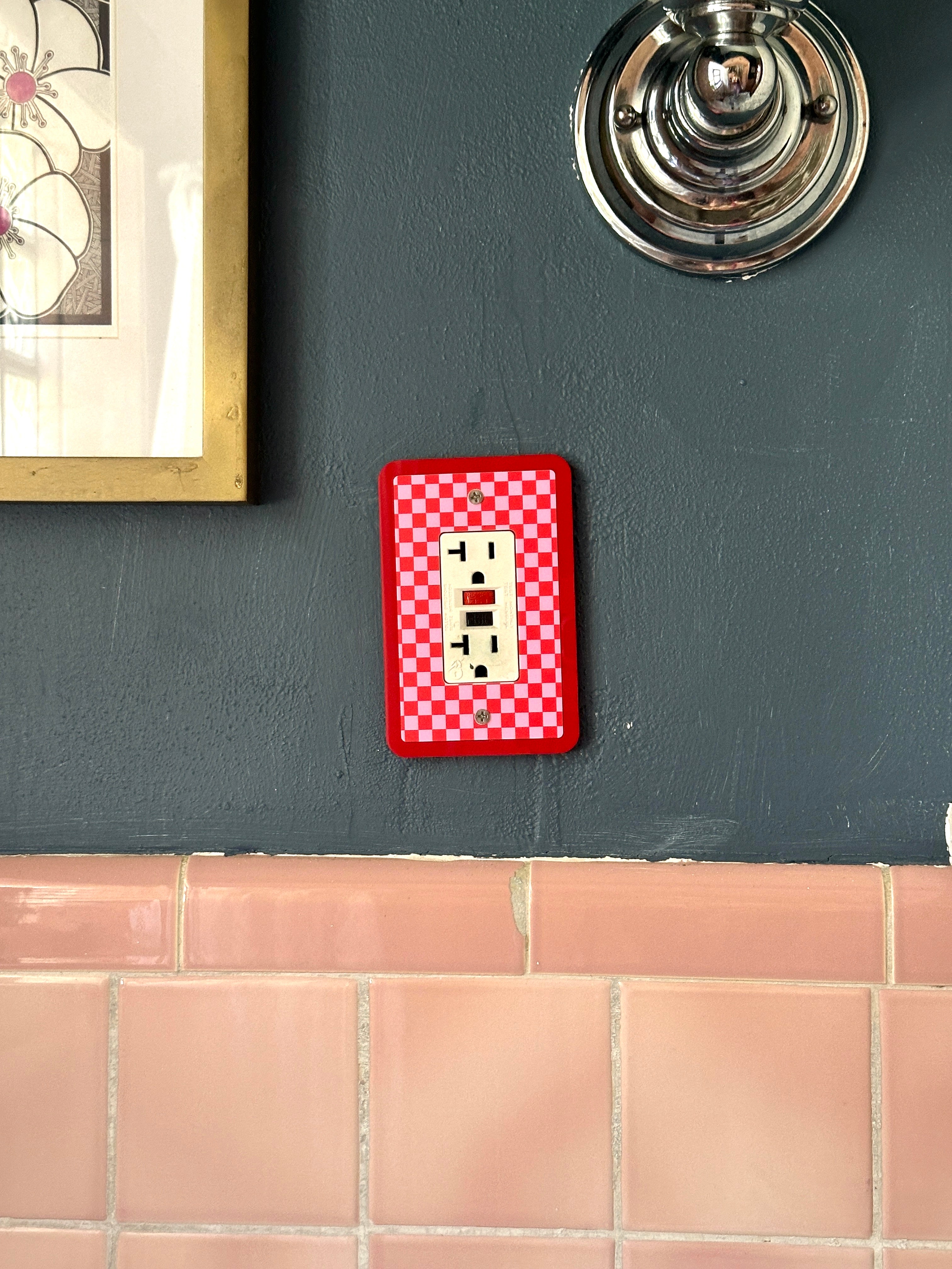 Red & Pink Checkered Print Light Switch Cover