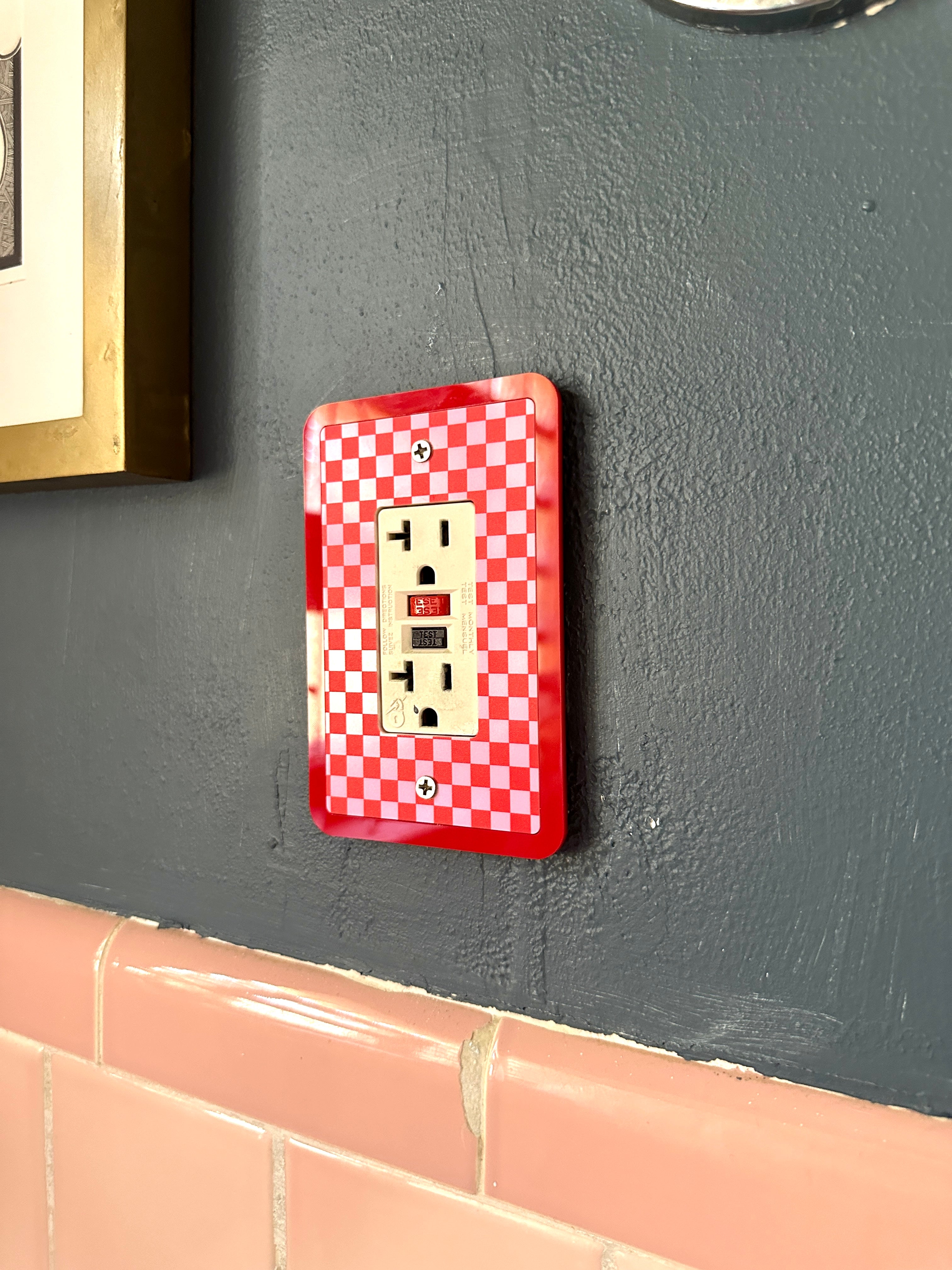 Red & Pink Checkered Print Light Switch Cover