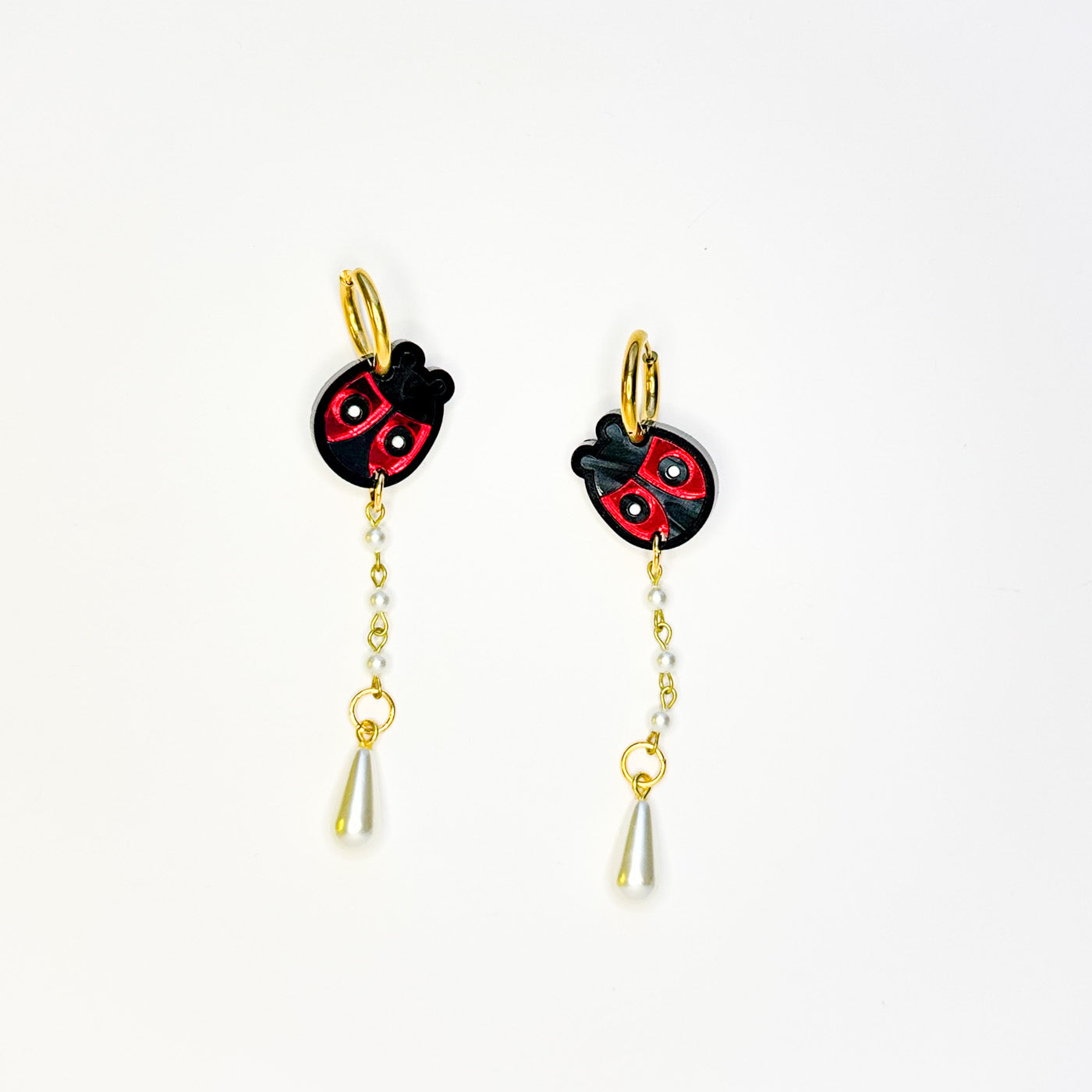 Ladybug Pearl Chain Earrings