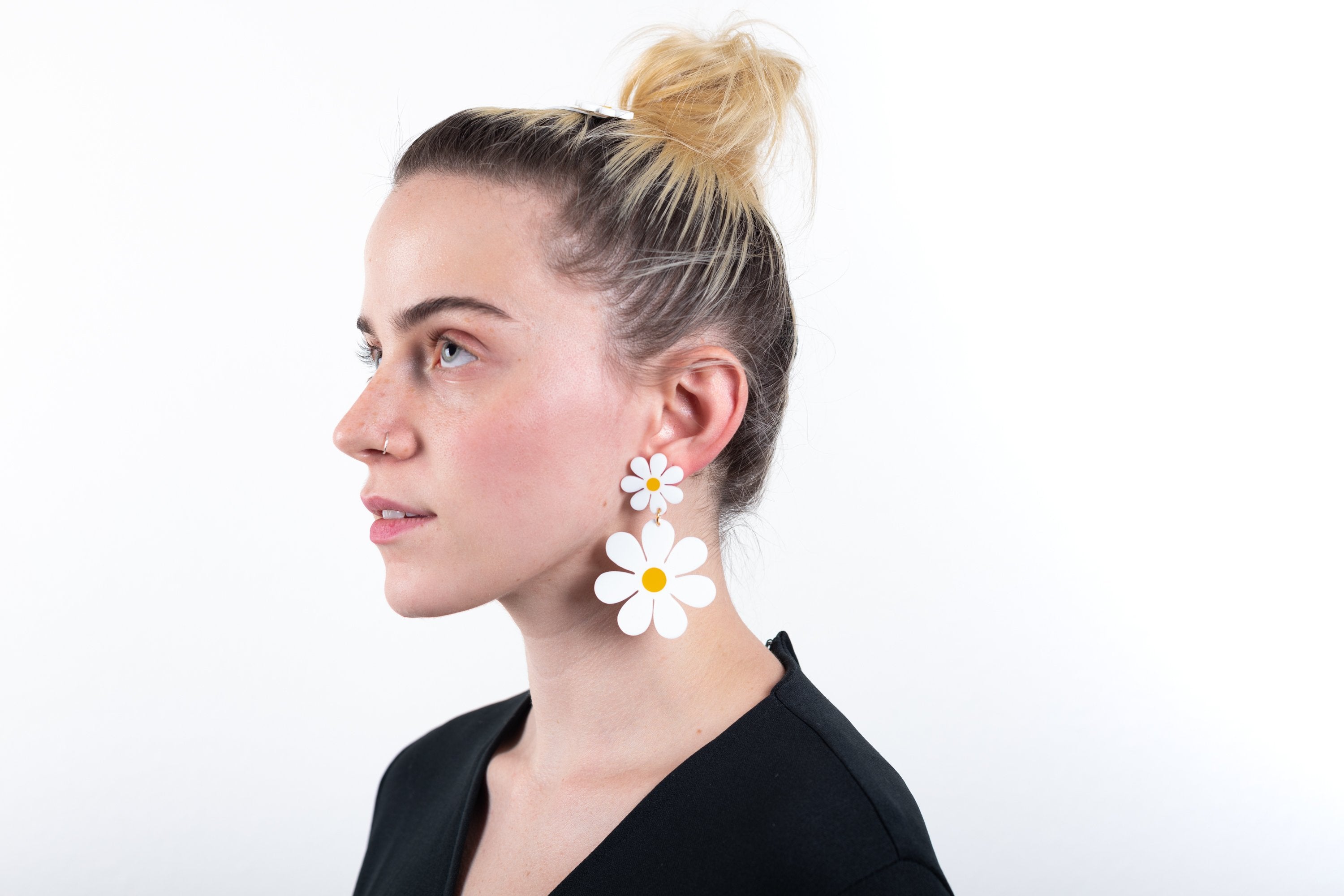 The Double Daisy Stud Earrings On Model